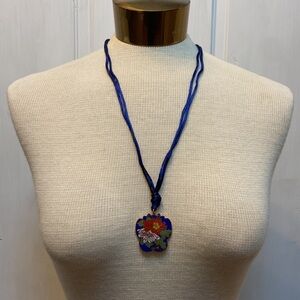 Vintage Cloisonne Red Floral Blue Necklace